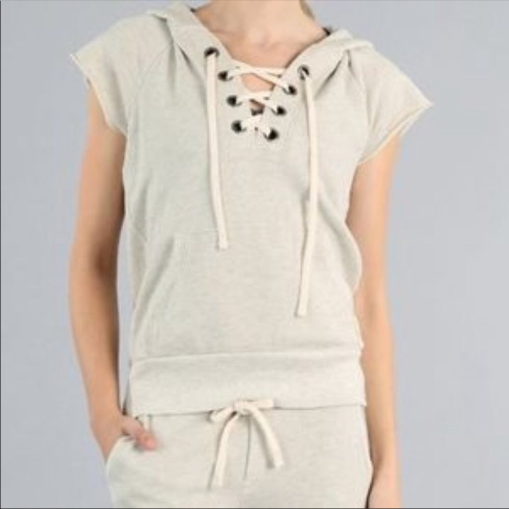 - Avocado Lace Up Short Sleeve Hooded Sweatshirt